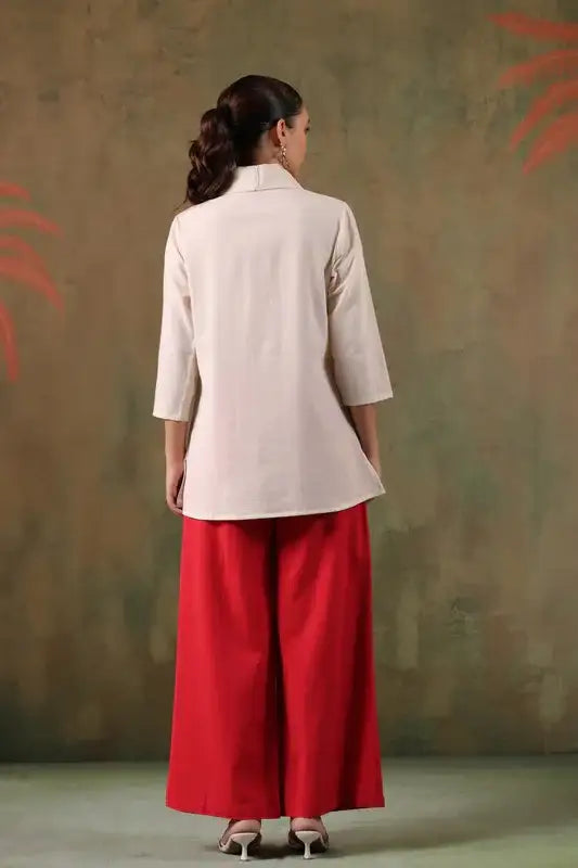 Tropical Flamingo Embroidery Red Cotton Flex Co-ord Set