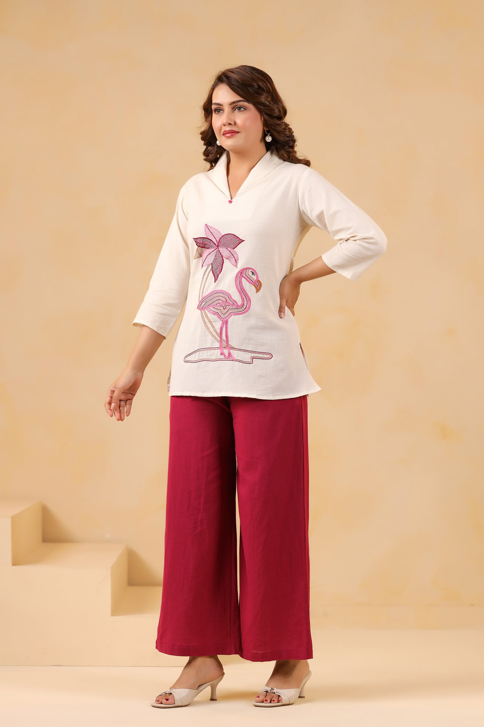 Elegant Off-Wite Flamingo Cotton Flex Embroidered Top & Wine Palazzo Co-ord Set