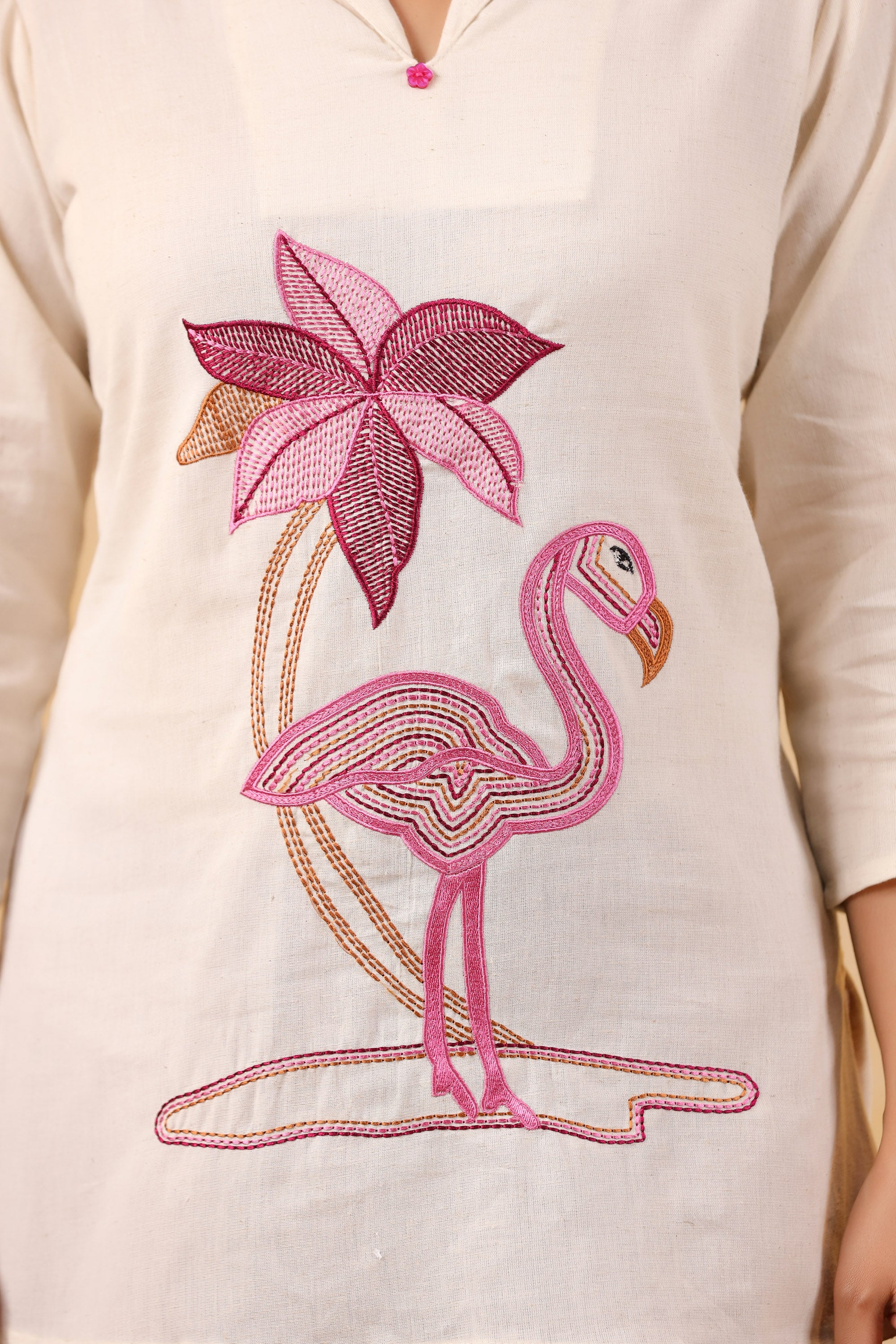 Elegant Off-Wite Flamingo Cotton Flex Embroidered Top & Wine Palazzo Co-ord Set