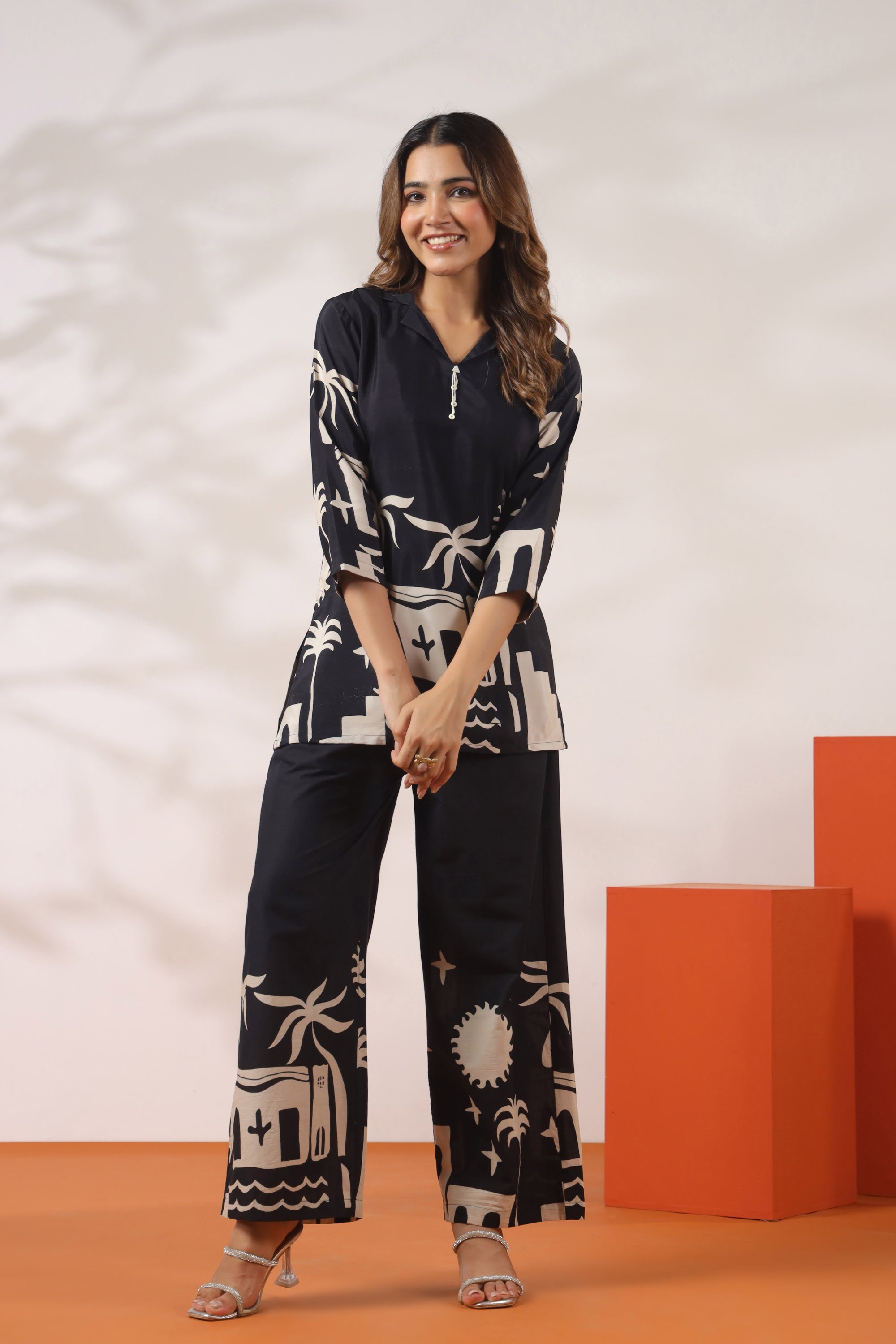 Tropical Tales in Monochrome Printed Black Russian Silk Co-ord Set