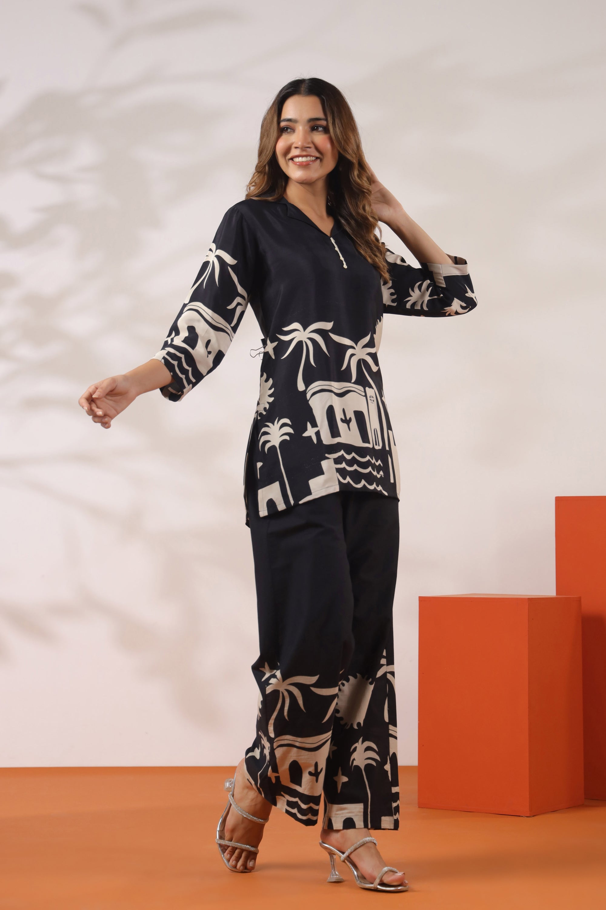 Tropical Tales in Monochrome Printed Black Russian Silk Co-ord Set