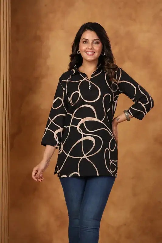 Black Swirl Printed Russian Silk Top