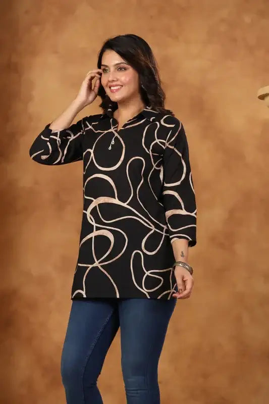 Black Swirl Printed Russian Silk Top