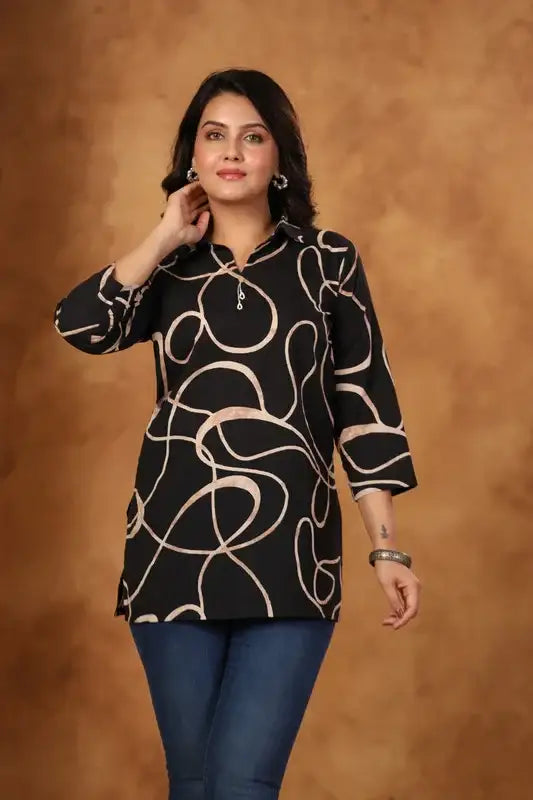 Black Swirl Printed Russian Silk Top