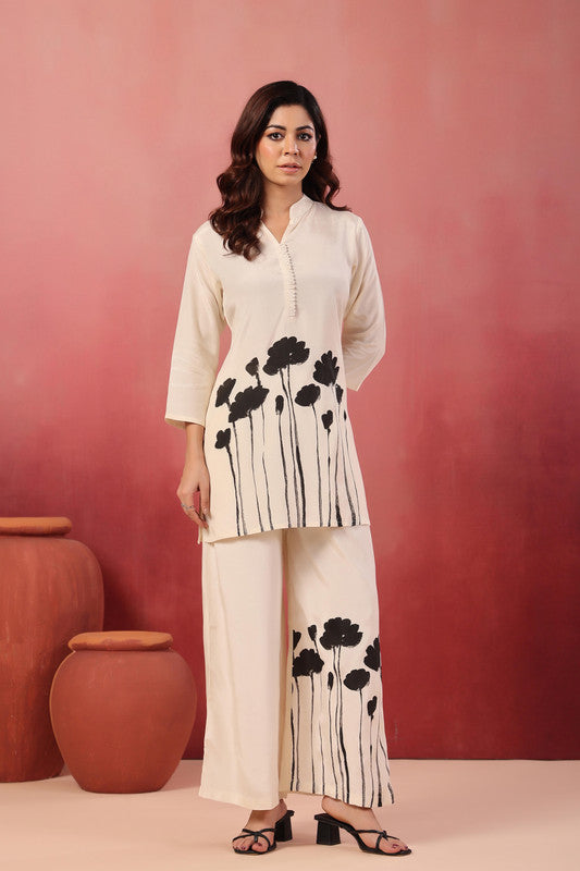 Ivory & Black Handbrush Floral Russian Silk Co-ord Set