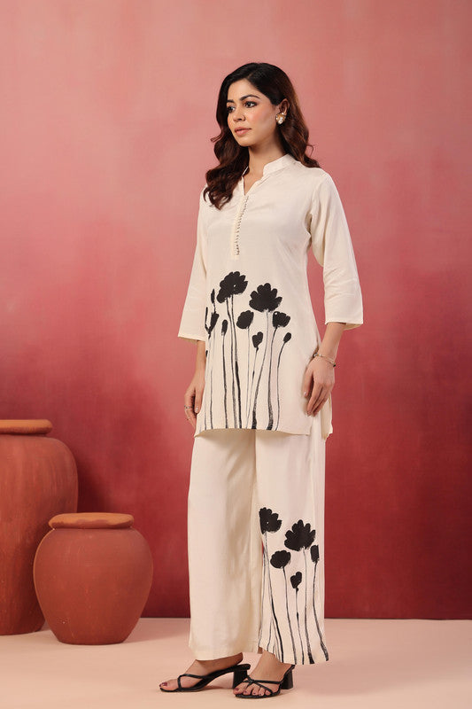 Ivory & Black Handbrush Floral Russian Silk Co-ord Set