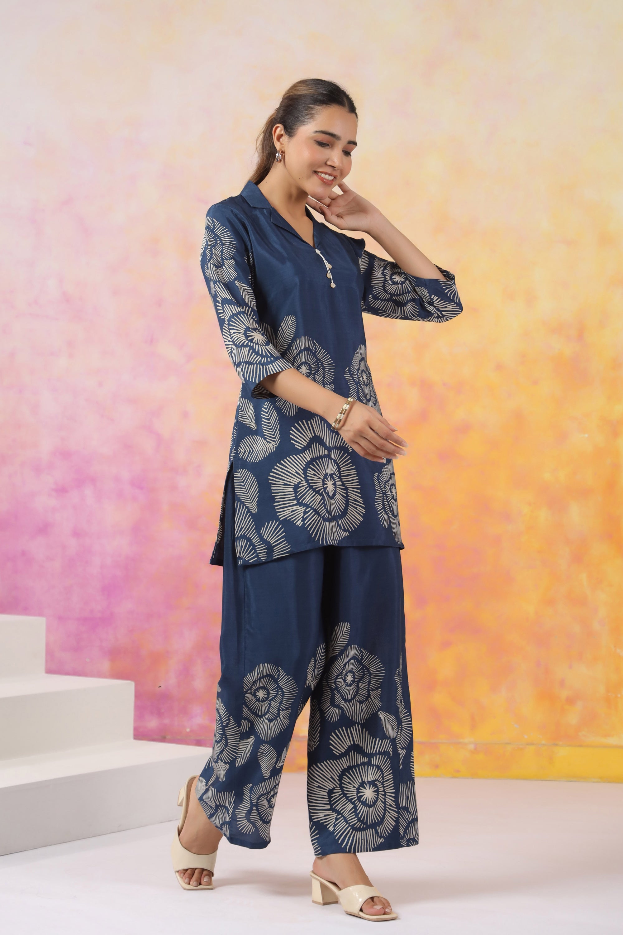 Blue Bloom Printed Russian Silk Co-ord Set