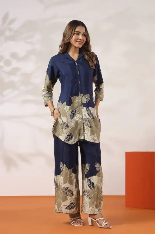 Blue Floral Printed Russian Silk Co-ord Set