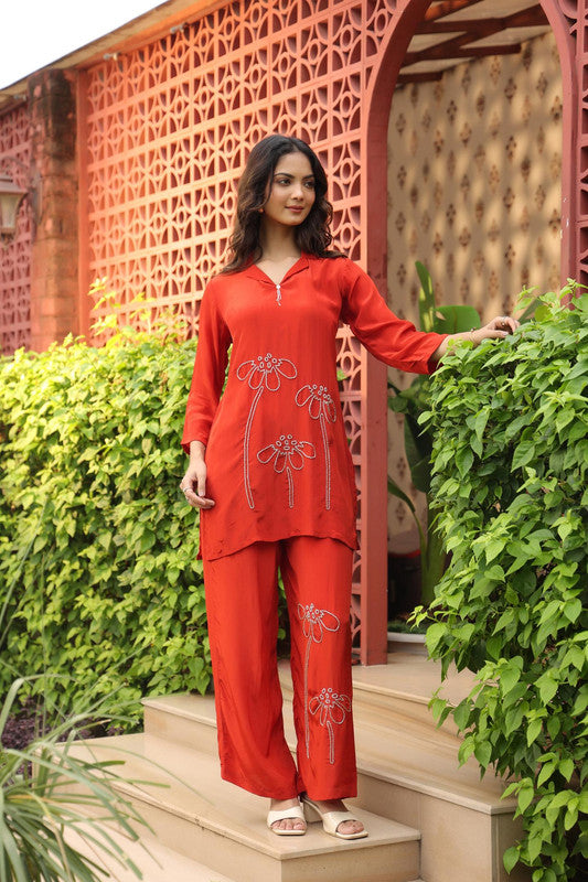 Rust Red Floral Embroidered Russian Silk Co-ord Set