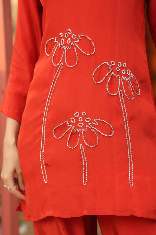 Rust Red Floral Embroidered Russian Silk Co-ord Set