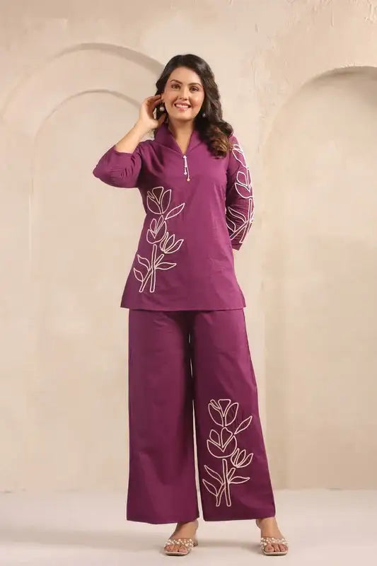 Plum Bloom Purple Embroidered Cotton Co-ord Set
