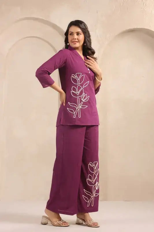 Plum Bloom Purple Embroidered Cotton Co-ord Set