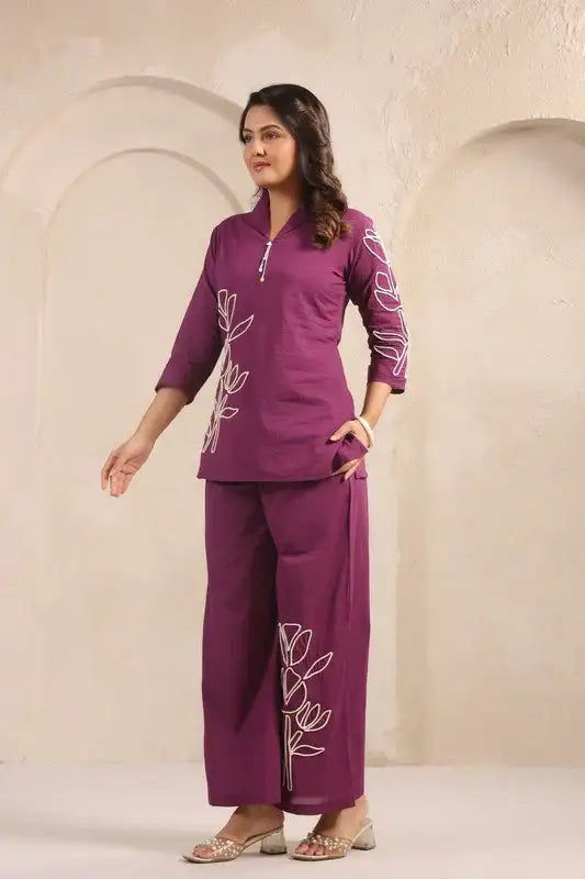Plum Bloom Purple Embroidered Cotton Co-ord Set