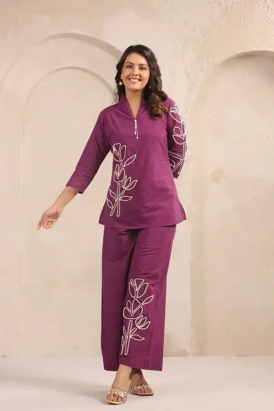 Plum Bloom Purple Embroidered Cotton Co-ord Set