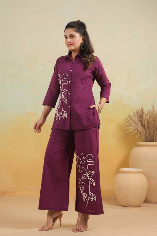 Purple Floral Embroidered Cotton Flex Co-ord Set