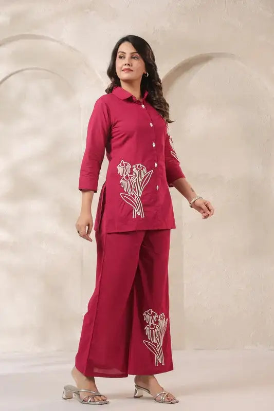 Fuchsia Floral Embroidered Cotton Co-ord Set