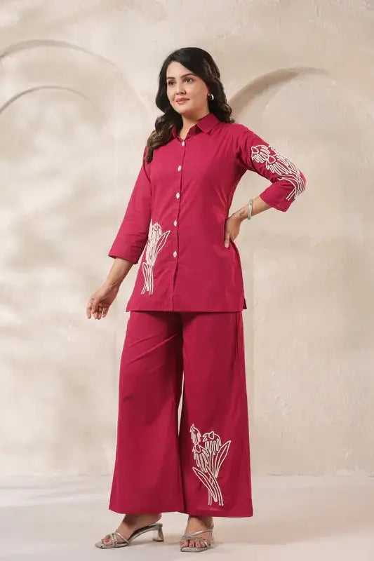 Fuchsia Floral Embroidered Cotton Co-ord Set