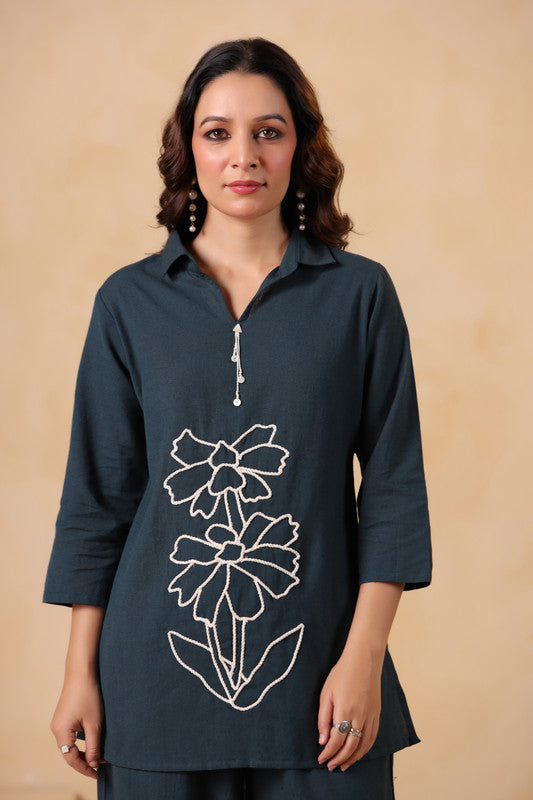 Teal Green Floral Embroidered Cotton Flex Co-ord Set