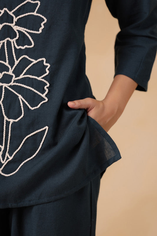 Teal Green Floral Embroidered Cotton Flex Co-ord Set