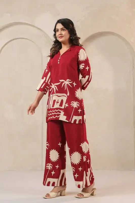 Desert Mirage Red Printed Russian Silk Co-ord Set