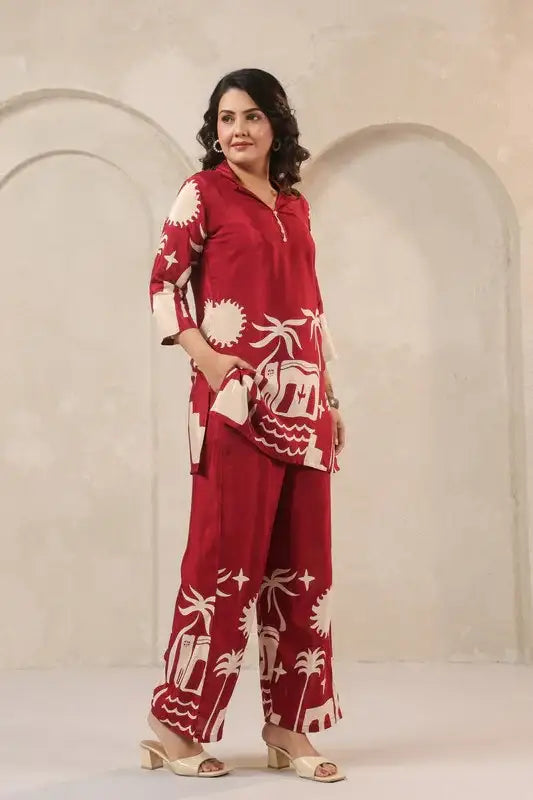 Desert Mirage Red Printed Russian Silk Co-ord Set