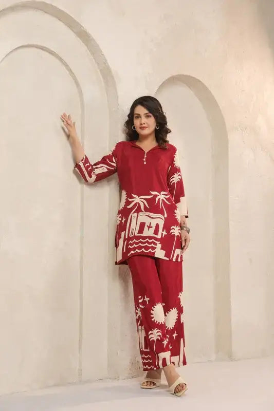 Desert Mirage Red Printed Russian Silk Co-ord Set