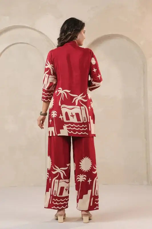 Desert Mirage Red Printed Russian Silk Co-ord Set