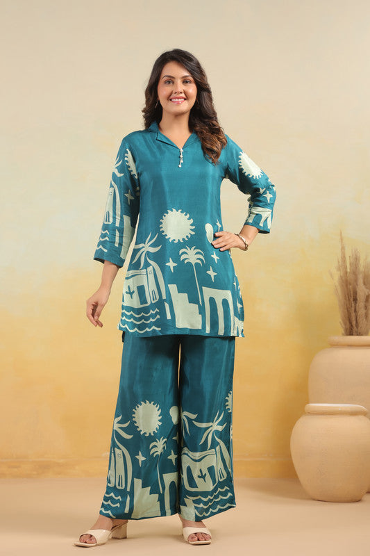 Teal Abstract Landscape Printed Russian Silk Co-ord Set
