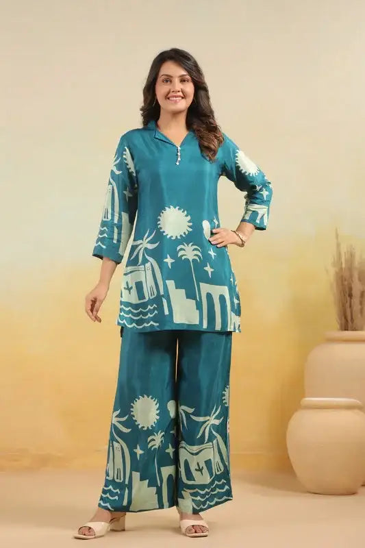 Teal Abstract Landscape Printed Russian Silk Co-ord Set