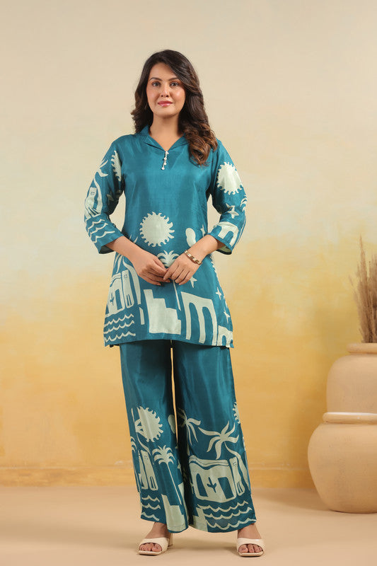 Teal Abstract Landscape Printed Russian Silk Co-ord Set
