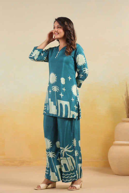 Teal Abstract Landscape Printed Russian Silk Co-ord Set
