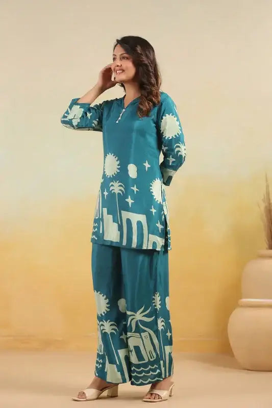 Teal Abstract Landscape Printed Russian Silk Co-ord Set