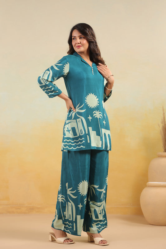 Teal Abstract Landscape Printed Russian Silk Co-ord Set