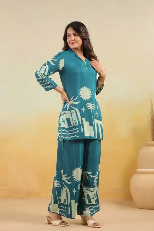 Teal Abstract Landscape Printed Russian Silk Co-ord Set