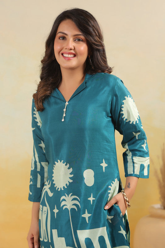 Teal Abstract Landscape Printed Russian Silk Co-ord Set