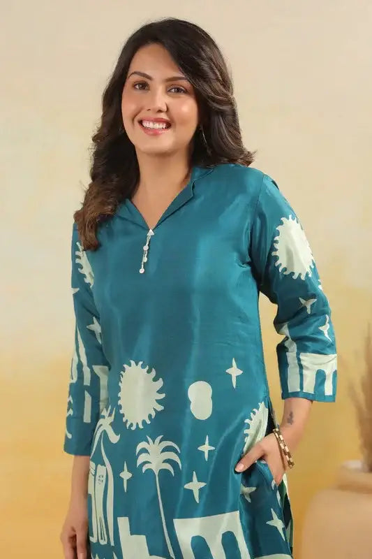 Teal Abstract Landscape Printed Russian Silk Co-ord Set