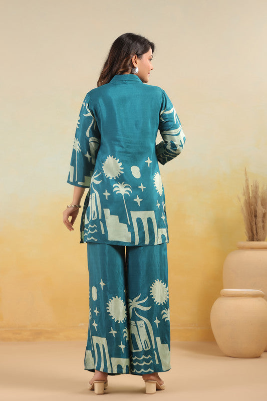 Teal Abstract Landscape Printed Russian Silk Co-ord Set
