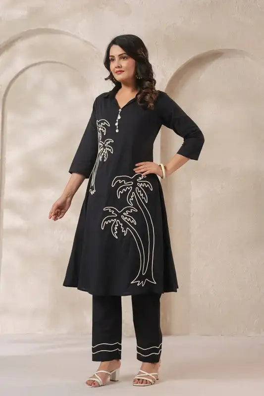 Midnight Black Palm Embroidered Cotton Co-ord Set