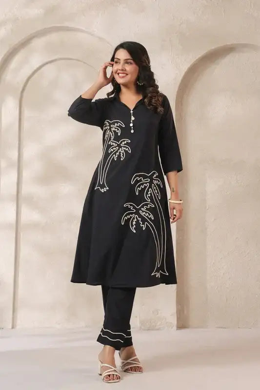 Midnight Black Palm Embroidered Cotton Co-ord Set