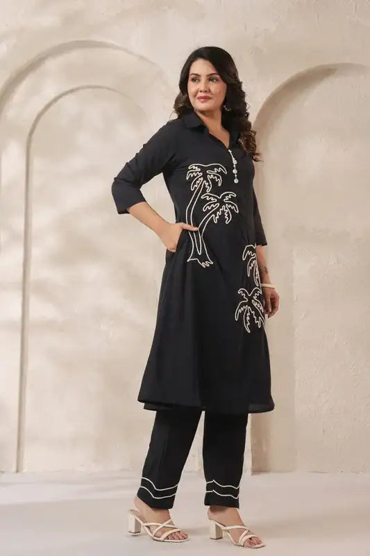 Midnight Black Palm Embroidered Cotton Co-ord Set