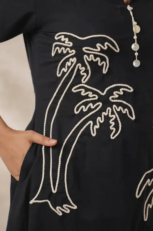 Midnight Black Palm Embroidered Cotton Co-ord Set