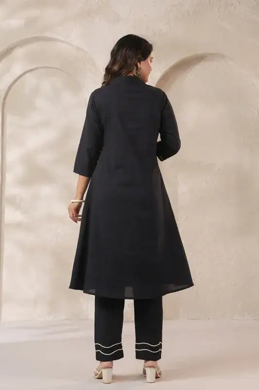 Midnight Black Palm Embroidered Cotton Co-ord Set