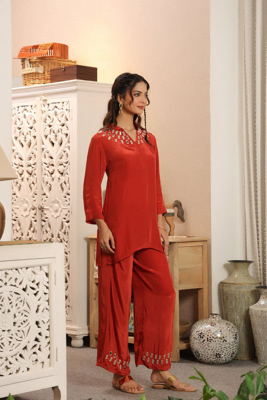Rust Embellished Muslin Silk Mirror Russian Silk Co-ord Set