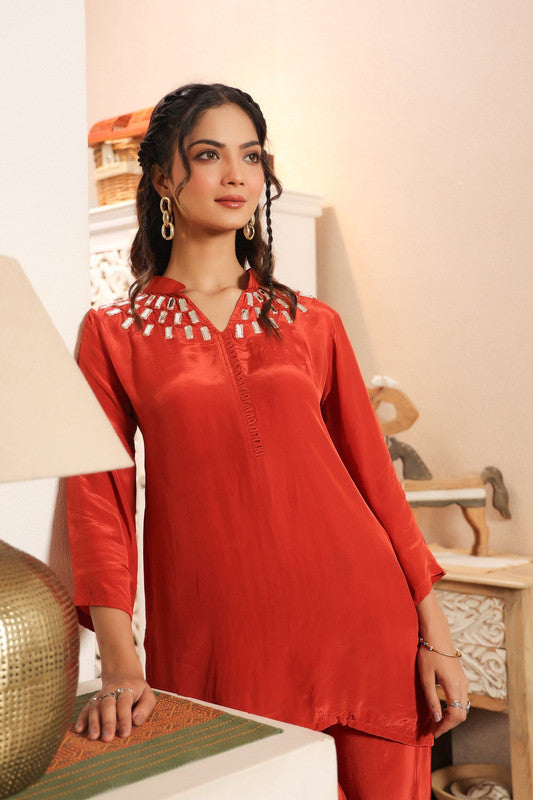 Rust Embellished Muslin Silk Mirror Russian Silk Co-ord Set