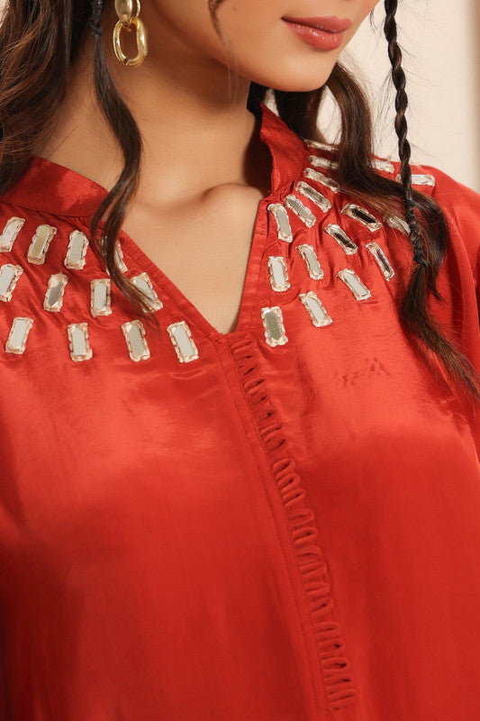 Rust Embellished Muslin Silk Mirror Russian Silk Co-ord Set