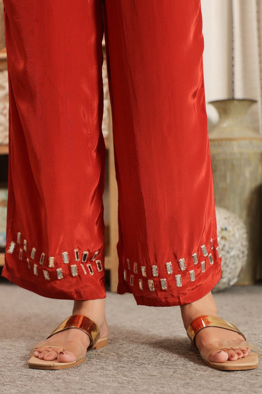 Rust Embellished Muslin Silk Mirror Russian Silk Co-ord Set