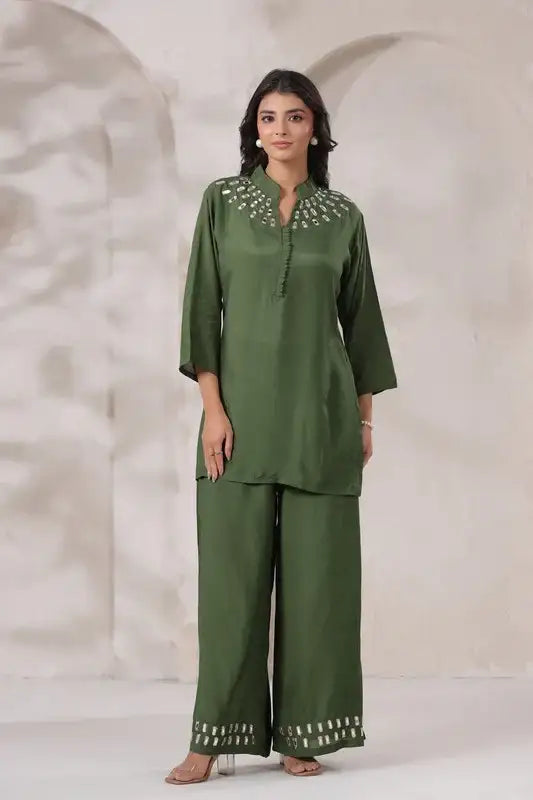 Olive Green Mirror Hand Work Muslin Silk Co-ord Set