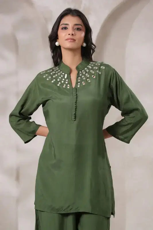 Olive Green Mirror Hand Work Muslin Silk Co-ord Set