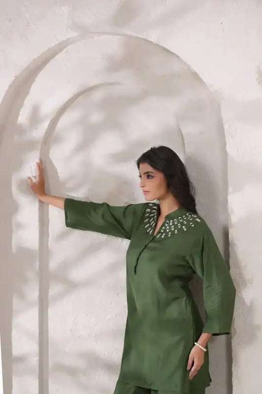 Olive Green Mirror Hand Work Muslin Silk Co-ord Set