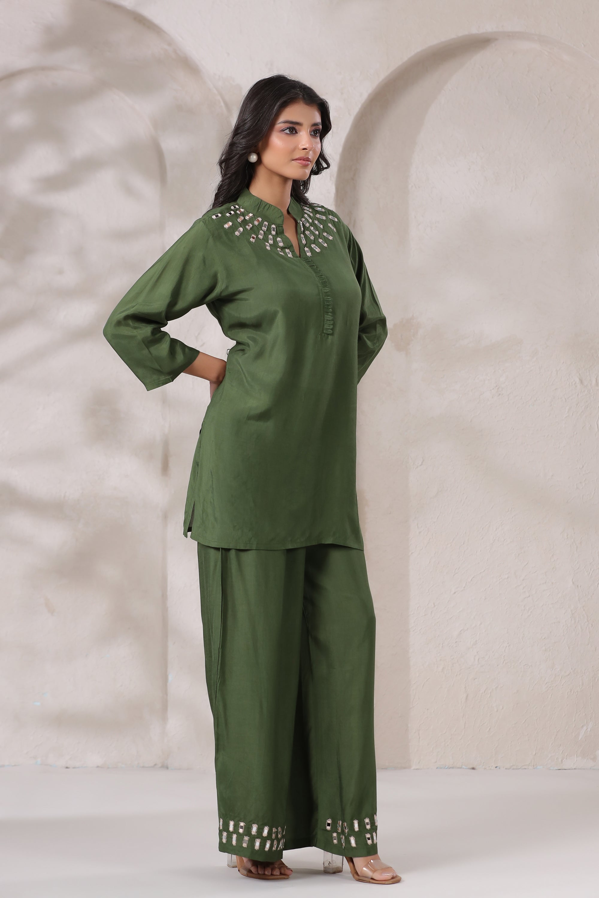 Olive Green Mirror Hand Work Muslin Silk Co-ord Set